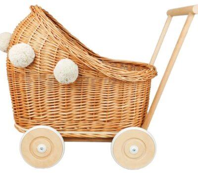 CandyOwl wicker & beech wood doll stroller in a NATURAL color + pompoms