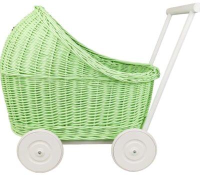 CandyOwl wicker doll stroller in GREEN color and WHITE base