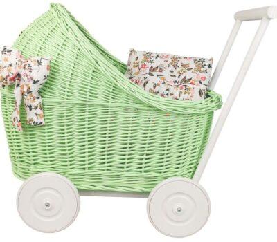 CandyOwl wicker doll stroller in GREEN color and WHITE base + bedding