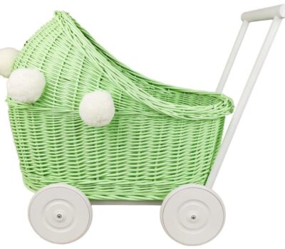 CandyOwl wicker doll stroller in GREEN color and WHITE base + pompoms
