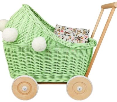 CandyOwl wicker doll stroller in GREEN color + bedding and pompoms