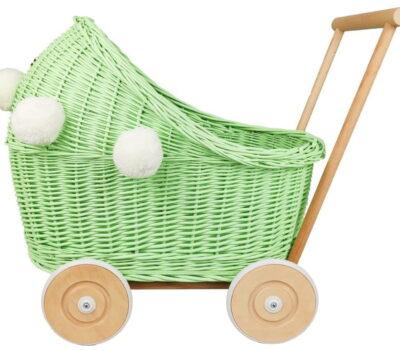 CandyOwl wicker doll stroller in GREEN color + pompoms