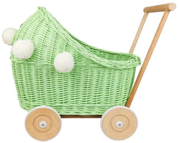 CandyOwl wicker doll stroller in GREEN color + pompoms