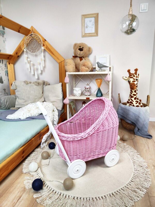 Wicker doll stroller in pink color - CandyOwl