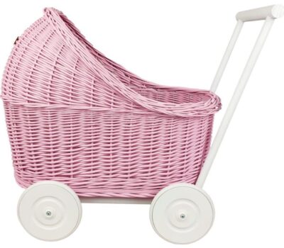 CandyOwl wicker doll stroller in PINK color and WHITE base