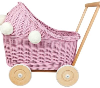 CandyOwl wicker doll stroller in PINK color + pompoms