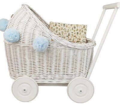CandyOwl wicker doll stroller in WHITE color and WHITE base + bedding and pompoms