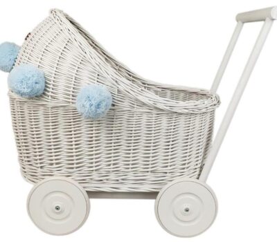 CandyOwl wicker doll stroller in WHITE color and WHITE base + pompoms
