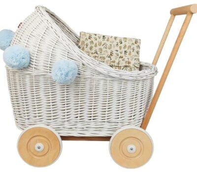 CandyOwl wicker doll stroller in WHITE color + bedding and pompoms