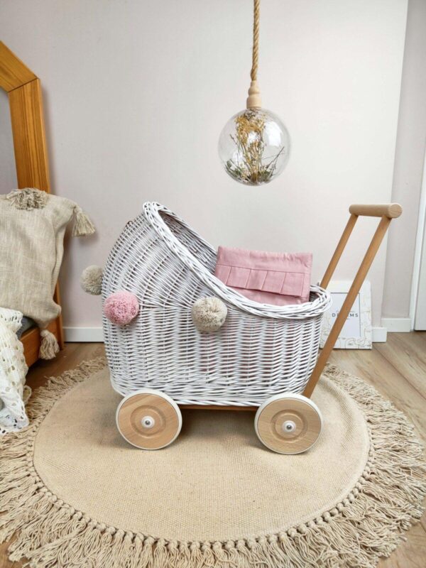 Wicker doll stroller in white color - CandyOwl