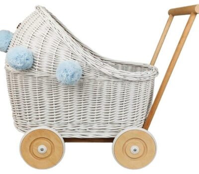 CandyOwl wicker doll stroller in WHITE color + pompoms